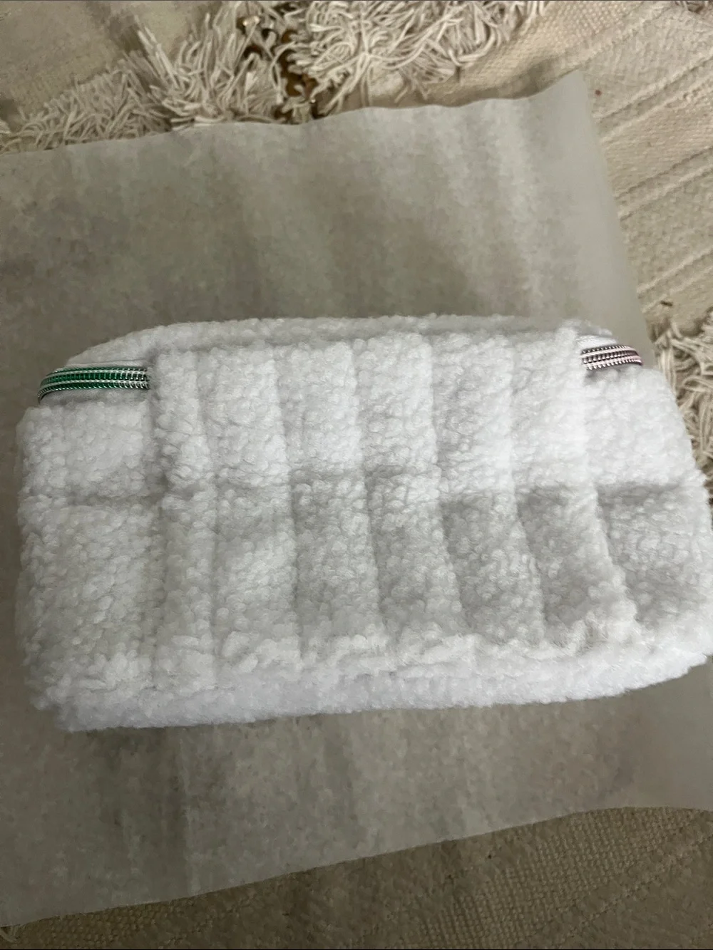 Vivitar White Sherpa Cosmetic Bag with Rainbow Zipper